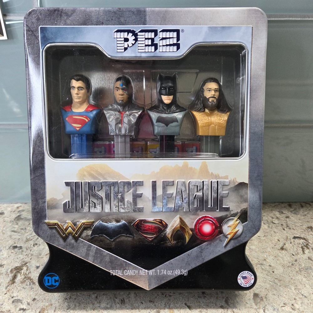 Justice League PEZ Dispenser Set Superman Batman Aquaman Cyborg Tin SEALED NEW